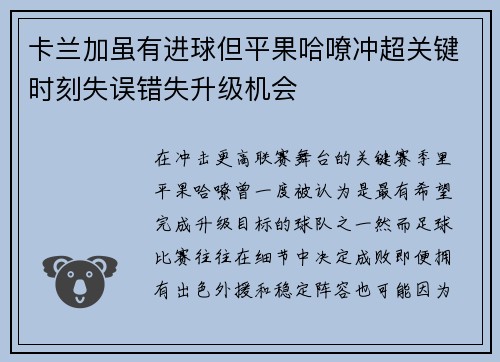卡兰加虽有进球但平果哈嘹冲超关键时刻失误错失升级机会 卡兰加虽有进球但平果哈嘹冲超关键时刻失误错失升级机会