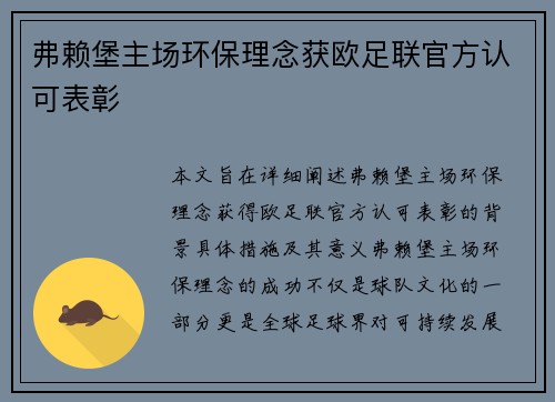 弗赖堡主场环保理念获欧足联官方认可表彰 弗赖堡主场环保理念获欧足联官方认可表彰